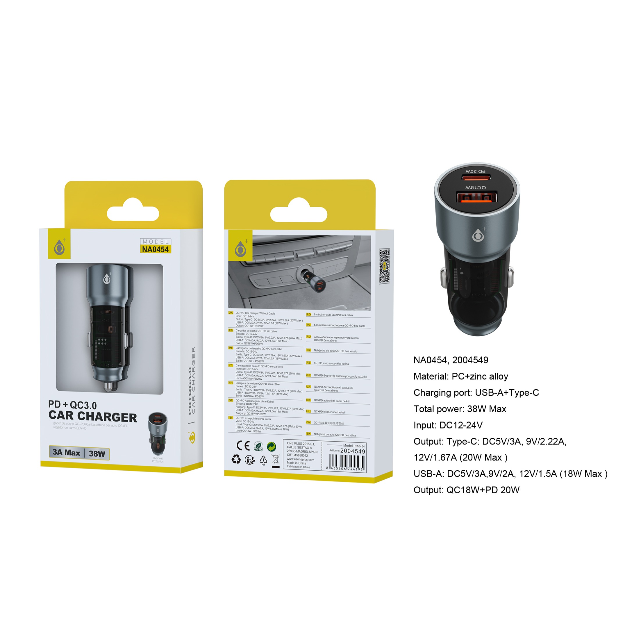 ONE PLUS CARGADOR COCHE 3A 38W PD+QC3.0V NA0454