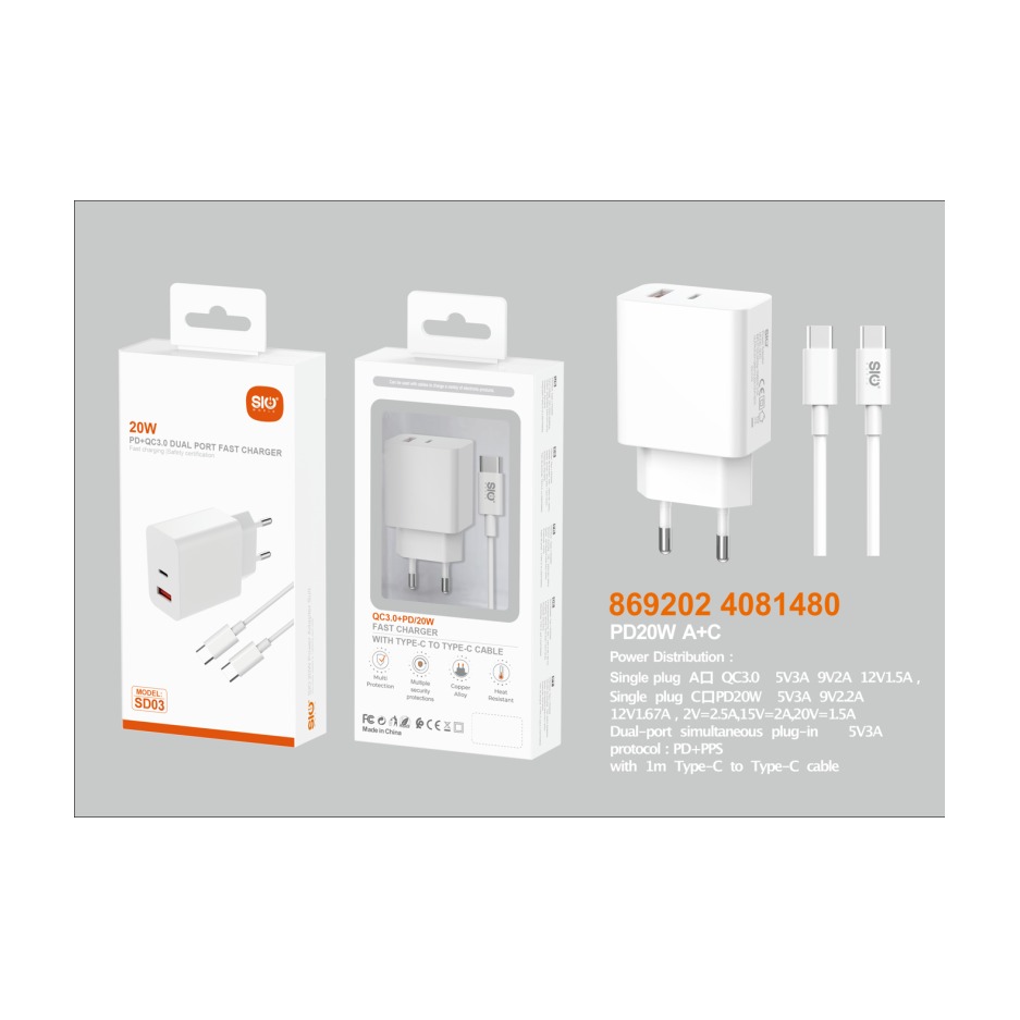 SIO SD03 CARGADOR COMPLETO PD20W QC3.0 CON CABLE C-C