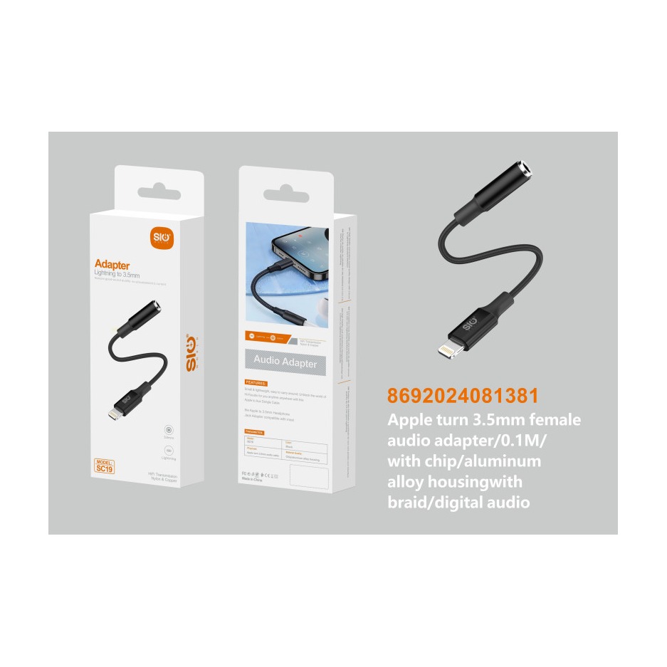 SIO SC19 ADAPTADOR LIGHTNING- JACK 3.5MM/0.1M