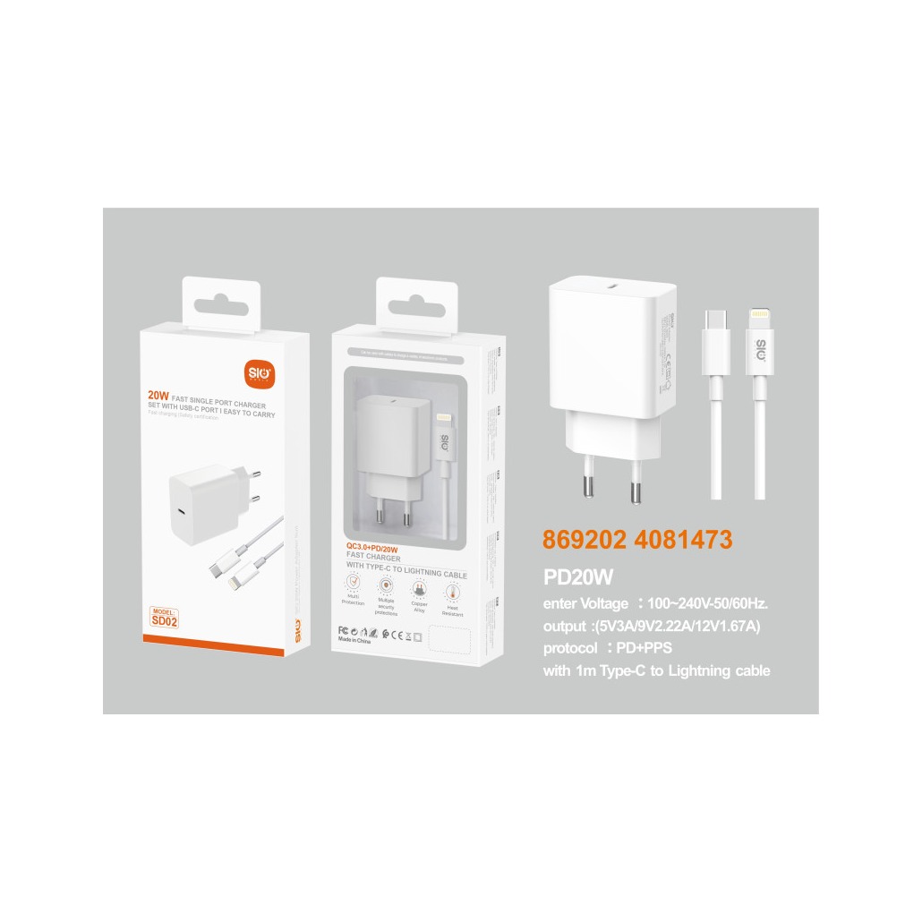 SIO SD02 CARGADOR COMPLETO PD20W CON CABLE C-L