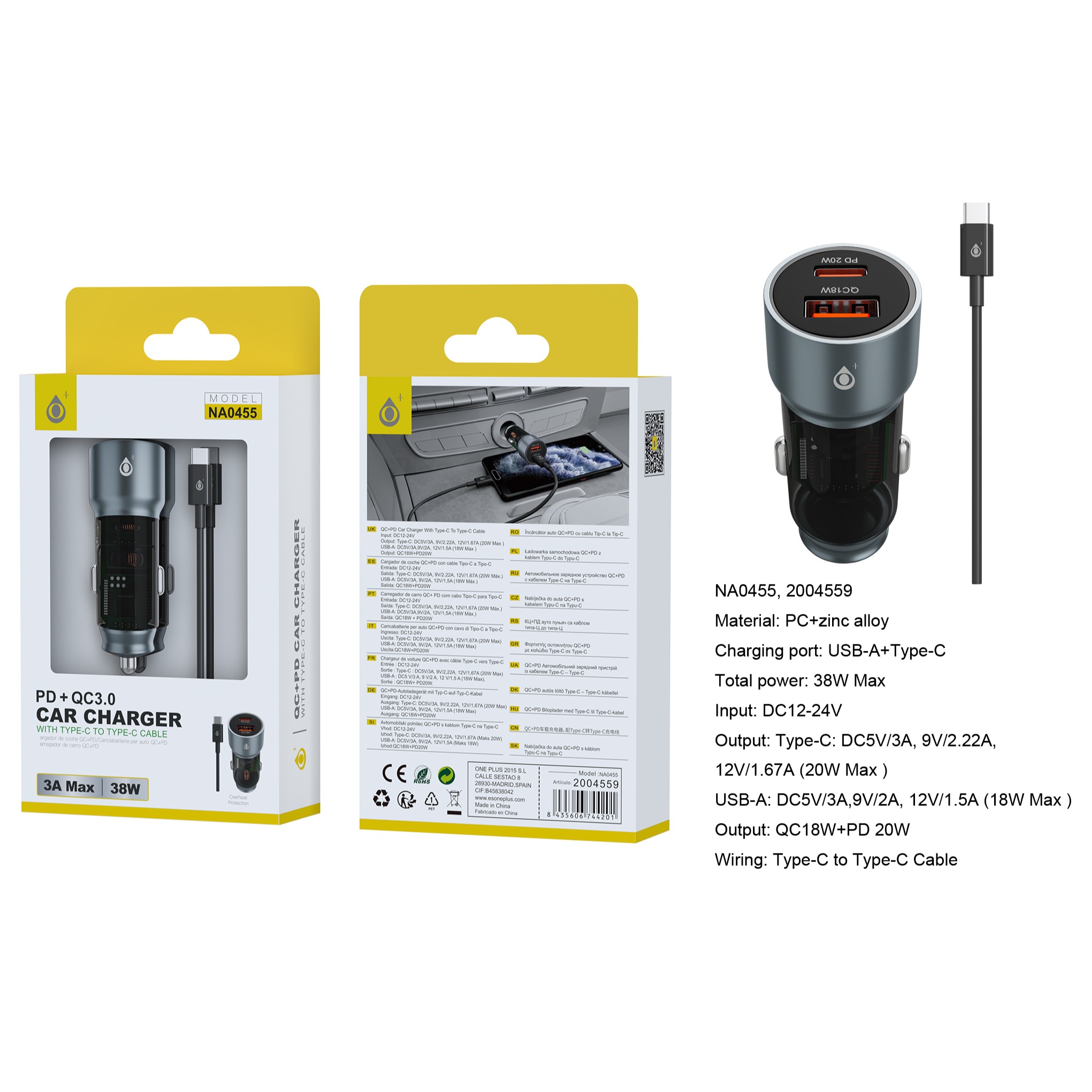 ONE PLUS CARGADOR COCHE 3A CON CABLE TIPO C 38W PD+QC3.0V NA0455