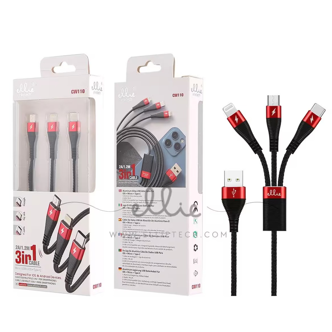 ELLIETECH CW110 CABLE 3 EN 1 TIPO C+ MICRO USB + LIGHTNING 1.2M