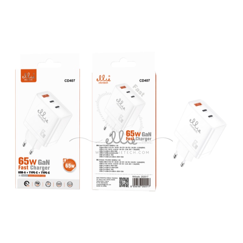 ELLITECH CD407 CARGADOR USB ENCHUFE PD 65W USB-A+2TYPE C