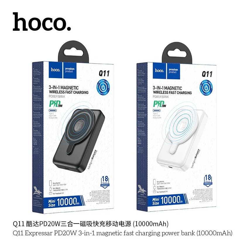 HOCO Q11 BLANCO POWER BANK CARGA INALAMBRICA 3 EN 1 10.000mAh